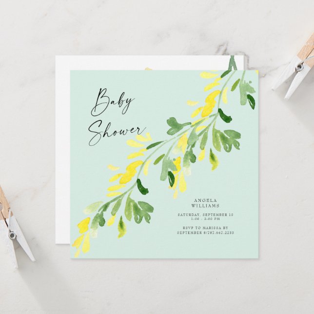 Sweet Mint Yellow Wildflowers Baby Shower Square Invitation (Front/Back In Situ)
