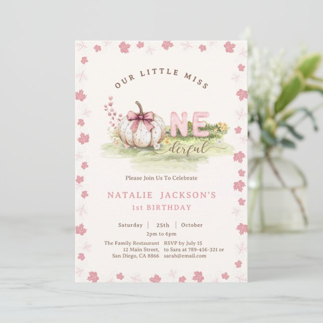 Sweet Miss Onederful Pink Bow Pumpkin 1st Birthday Invitation (Standing Front)