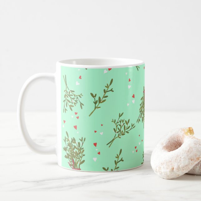 Sweet Mistletoe Hearts Christmas Holiday Pattern  Coffee Mug (With Donut)