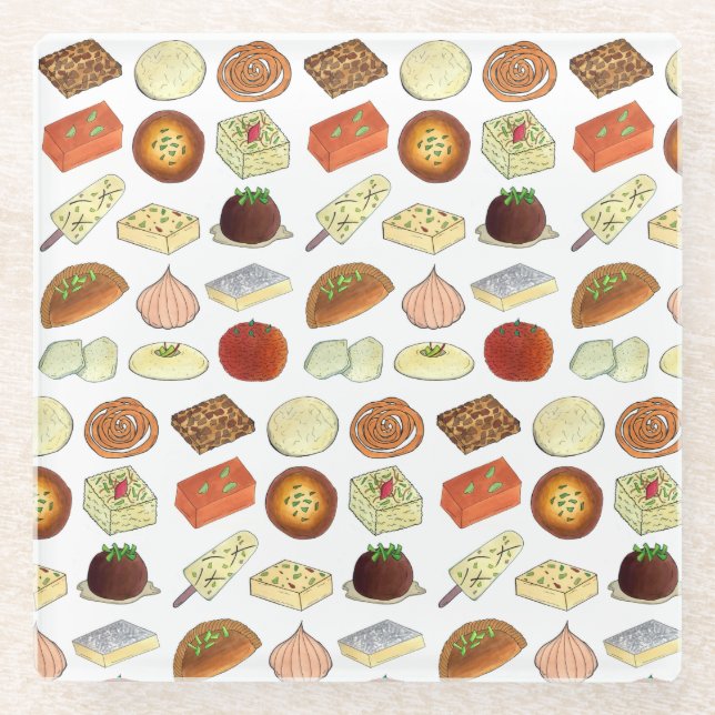 Sweet Mithai Indian Cuisine Foods Confection Print Glass Coaster (Front)