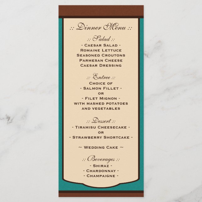 Sweet Mocha & Teal Wedding Reception Menus (Front)