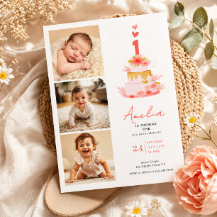 Sweet Modern 1st Birthday Invitation Photo Collage