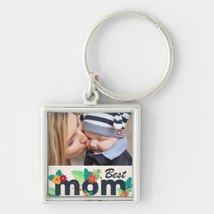 Sweet Modern Floral Mom Photo Key Ring