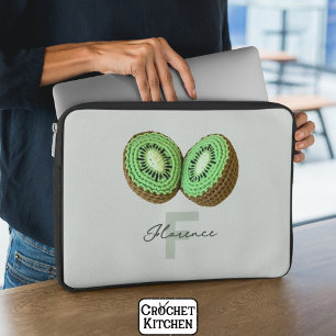 Sweet Modern Minimal Green Crochet Kiwi Name Laptop Sleeve