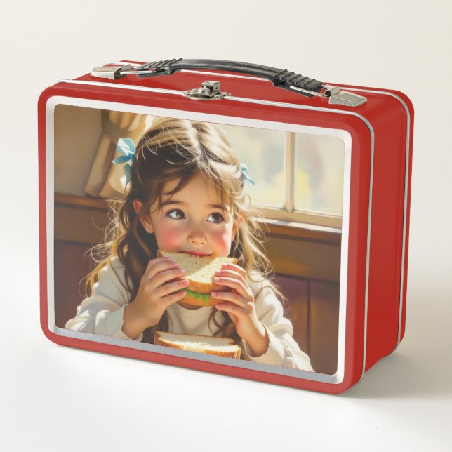 Sweet Modest Design Girl Eating a Sandwich Metal Lunch Box (Front)