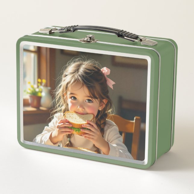 Sweet Modest Design Girl Eating a Sandwich Metal Lunch Box (Front)