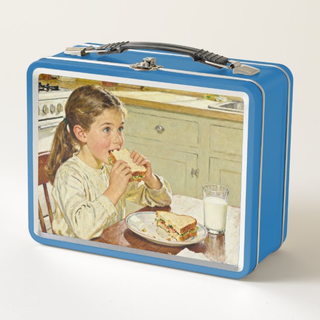 Sweet Modest Design – Girl Eating a Sandwich Metal Lunch Box (Front)