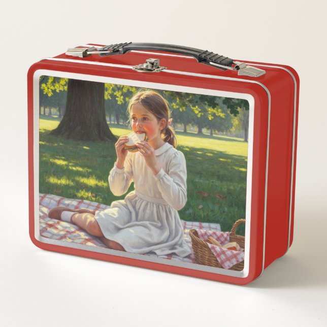 Sweet Modest Design – Girl Eating a Sandwich Metal Lunch Box (Front)