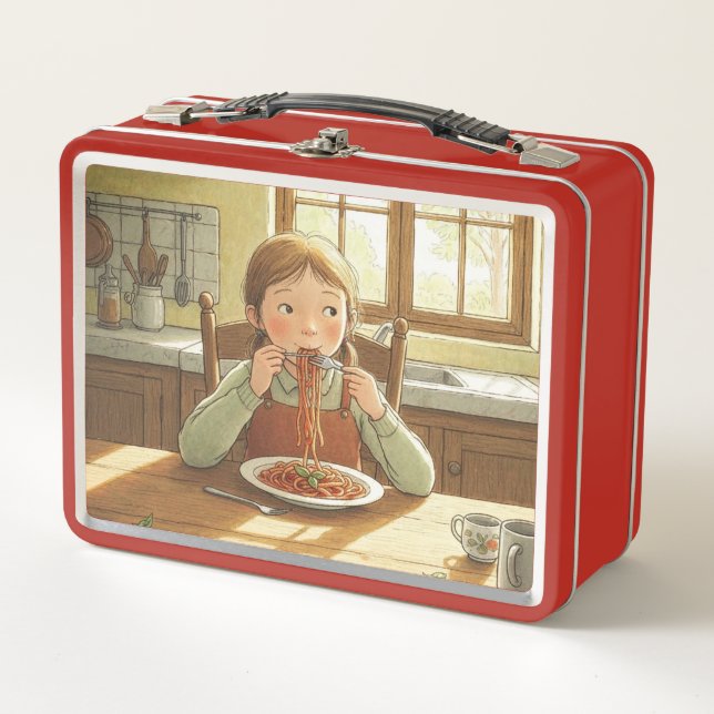 Sweet Modest Design – Jewish Girl Eating Pasta Metal Lunch Box (Front)
