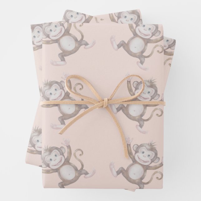 Sweet monkey baby Shower pattern Wrapping Paper Sheet (In situ)