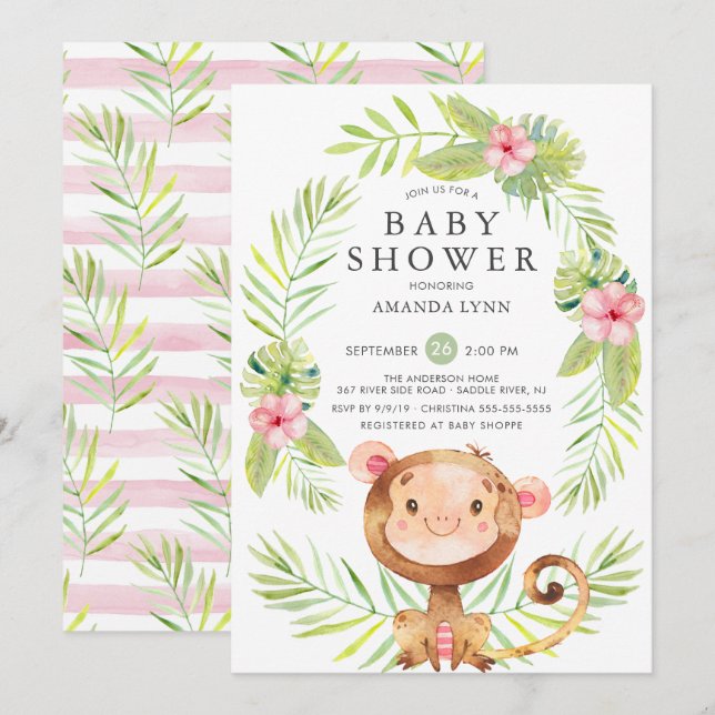 Sweet Monkey Girl Baby Shower Invitation (Front/Back)