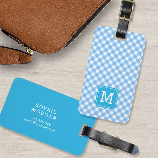 Sweet Monogram Baby Blue Gingham Luggage Tag (Creator Uploaded)