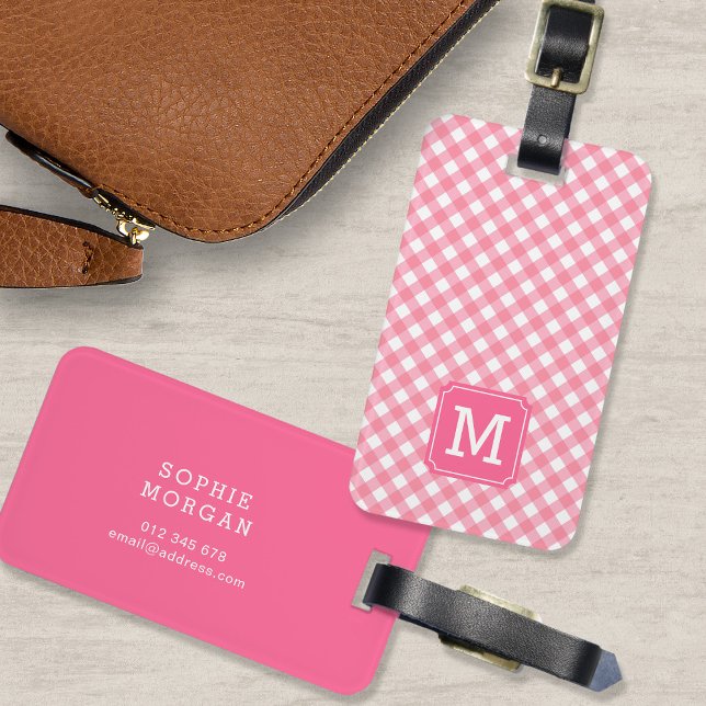 Sweet Monogram Baby Pink Gingham Luggage Tag (Creator Uploaded)