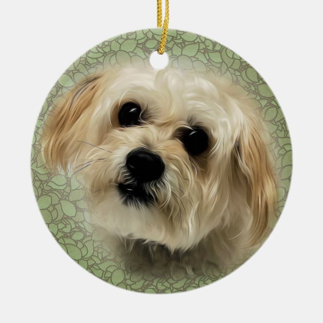 Sweet Morkie Puppy Dog Round Christmas Ornament (Front)