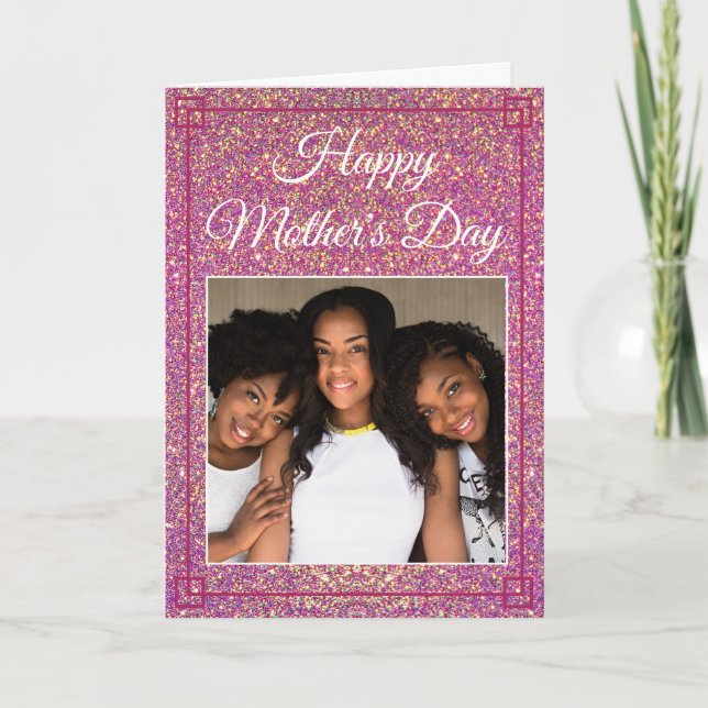 Sweet Mother's Day Glitter Custom Family Photo Card (Front)