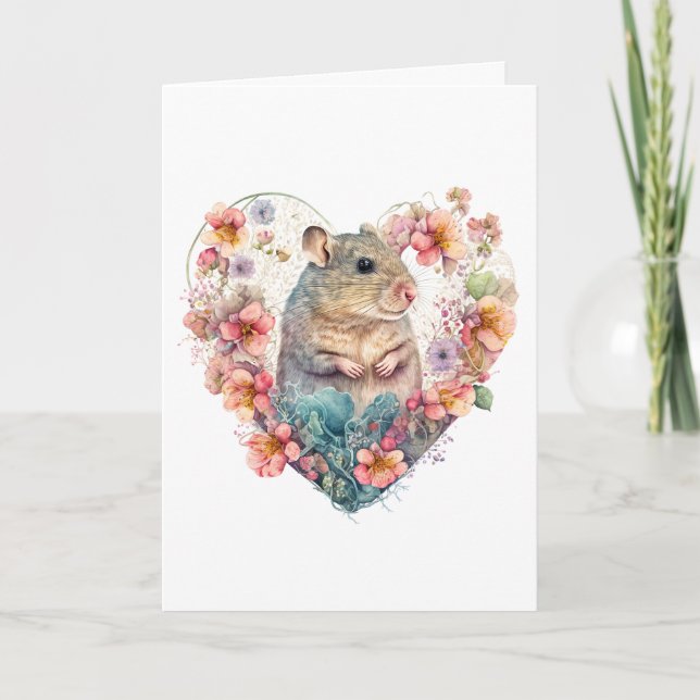 Sweet Mouse in Pink Peach Flowers Valentine's Day Holiday Card (Front)