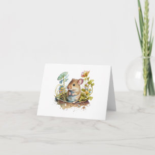 Sweet Mouse in Pot of Flowers BLANK  Card