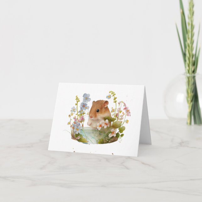 Sweet Mouse Savouring Flowers BLANK  Card (Front)