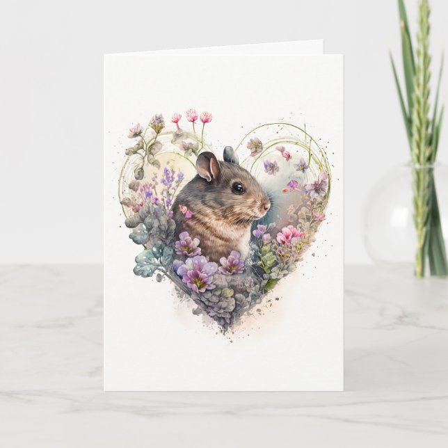Sweet Mouse with Purple Flowers Valentine's Day Holiday Card (Front)