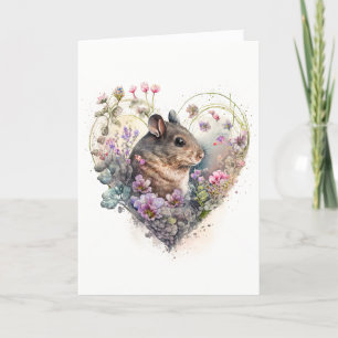 Sweet Mouse with Purple Flowers Valentine's Day Holiday Card