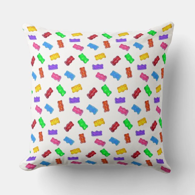 Sweet multicolored bear candy pattern on white cushion (Front)
