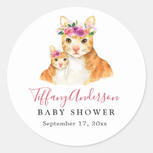 Sweet Mum And Baby Cat Floral Baby Shower Sticker