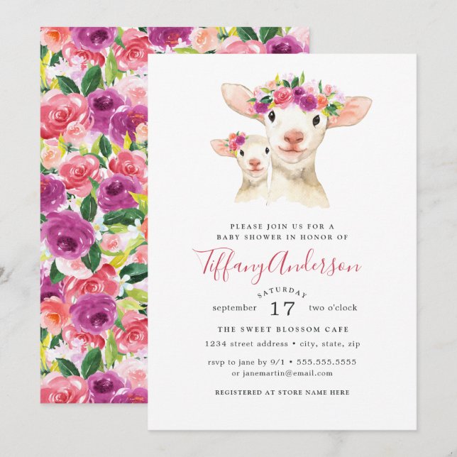 Sweet Mum And Baby Lamb Floral Baby Shower Invitation (Front/Back)