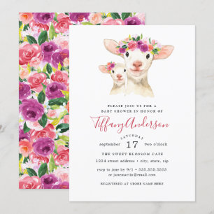 Sweet Mum And Baby Lamb Floral Baby Shower Invitation