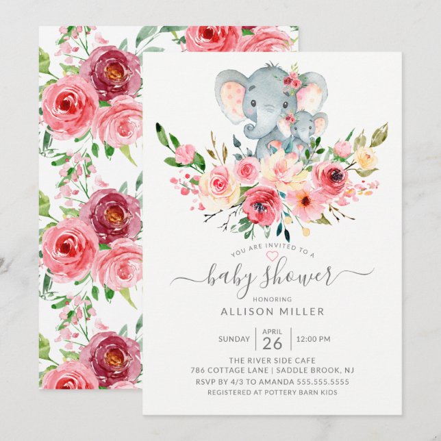 Sweet Mum & Baby Elephant Floral Baby Shower Invitation (Front/Back)