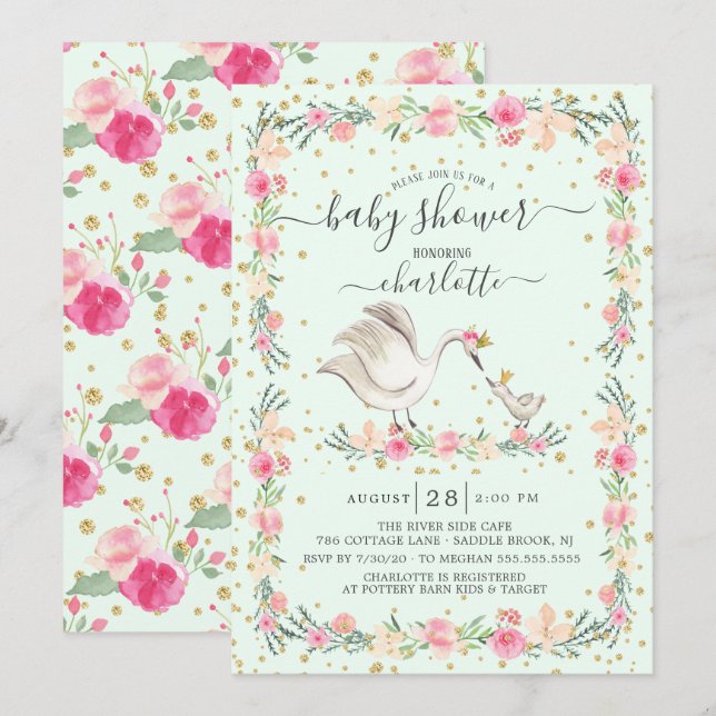 Sweet Mum & Baby Swan Baby Shower Invitation (Front/Back)