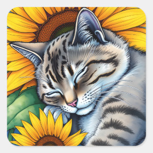 Sweet Napping Gray Cat and Sunflower Square Sticker
