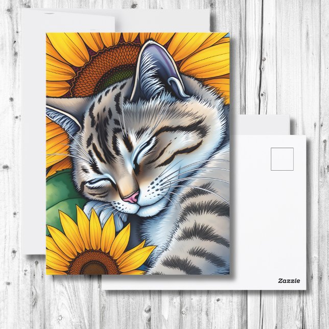 Sweet Napping Grey Cat and Sunflower Postcard (Creator Uploaded)