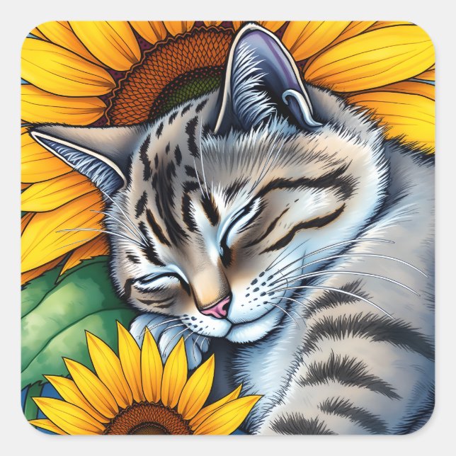 Sweet Napping Grey Cat and Sunflower Square Sticker (Front)