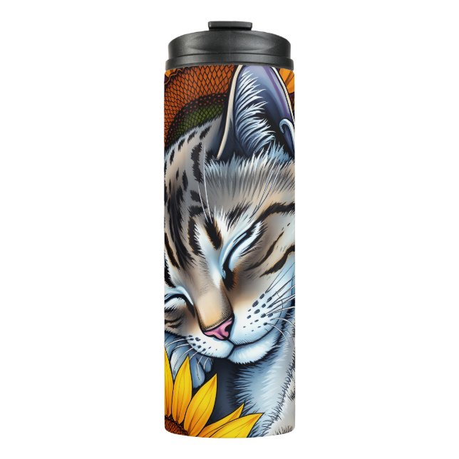 Sweet Napping Grey Cat and Sunflower Thermal Tumbler (Front)