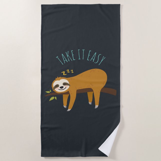 Sweet Napping Sloth "Take It Easy" Beach Towel (Front)