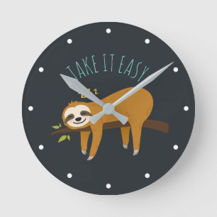 Sweet Napping Sloth "Take It Easy" Round Clock