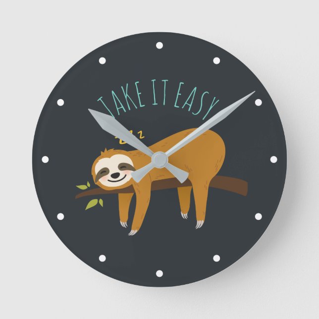 Sweet Napping Sloth "Take It Easy" Round Clock (Front)