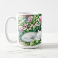 Sweet Napping White Kitten under a Rose Bush 