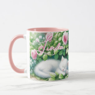 Sweet Napping White Kitten under a Rose Bush  Mug