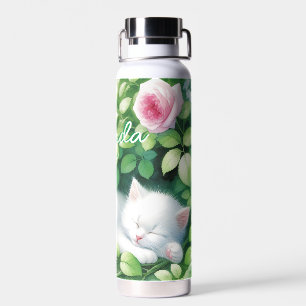 Sweet Napping White Kitten under a Rose Bush Water Bottle