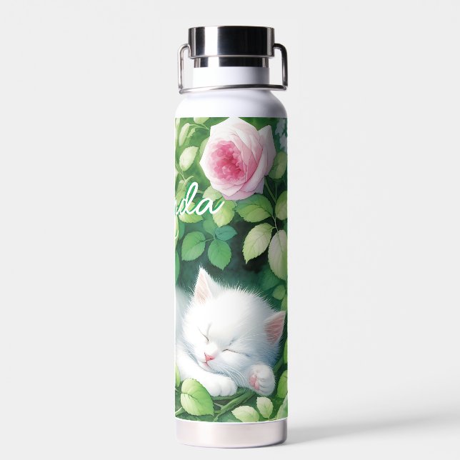 Sweet Napping White Kitten under a Rose Bush  Water Bottle (Back)