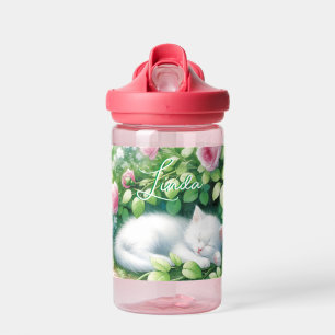 Sweet Napping White Kitten under a Rose Bush Water Bottle
