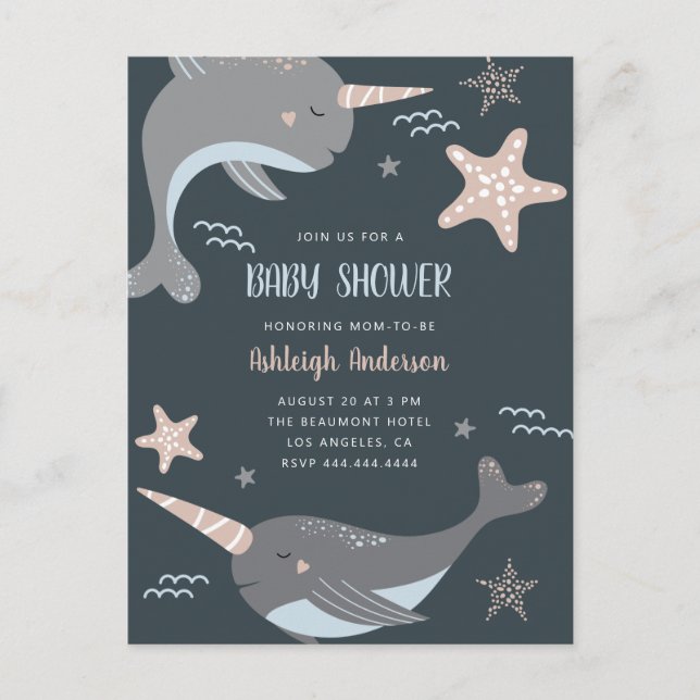 Sweet Narwhal Nautical Themed Baby Shower Invitation Postcard (Front)