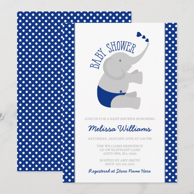 Sweet Navy Blue Grey Elephant Baby Shower Invitation (Front/Back)