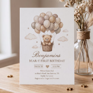 Sweet Neutral Bear Hot Air Balloon Birthday Invitation