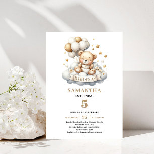 Sweet Neutral Birthday Teddy Bear Gold Balloons Invitation