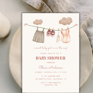 Sweet Neutral Pink Boho Baby Girl Clothes Shower Invitation