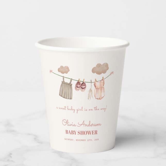 Sweet Neutral Pink Boho Baby Girl Clothes Shower Paper Cups (Front)