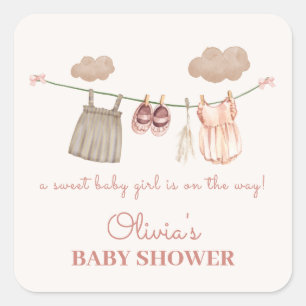 Sweet Neutral Pink Boho Baby Girl Clothes Shower Square Sticker