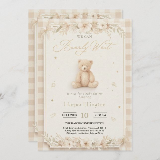 Sweet Neutral Teddy Bear Baby Shower Invite (Front/Back)